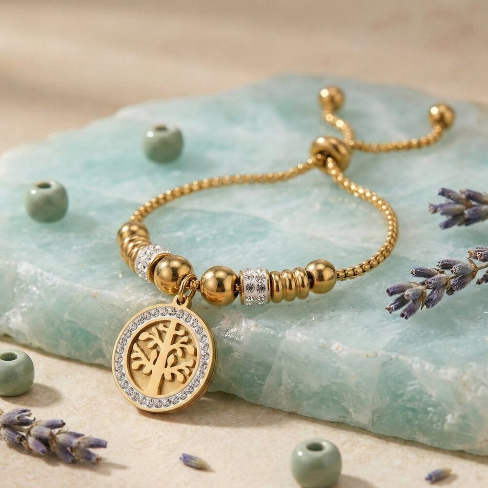 Gold Tree of Life Bracelet Adjustable Slider Bolo Rhinestone Charm Boho Dainty